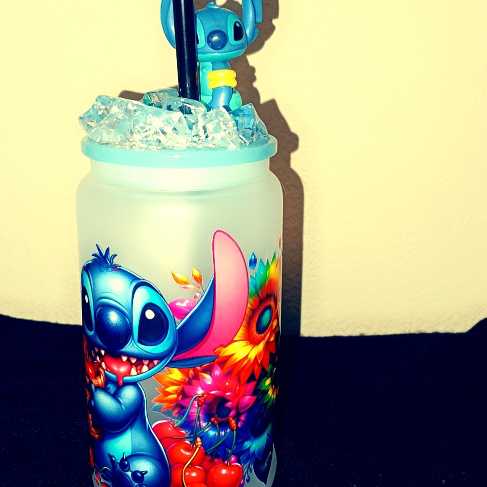 Stitch Themed Frosted Tumbler with Straw